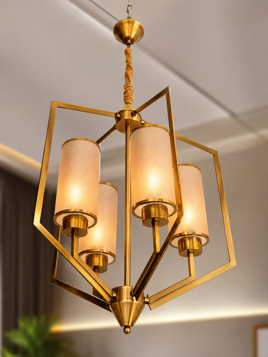 Modern Geometric Brass Chandelier with Frosted Glass Shades