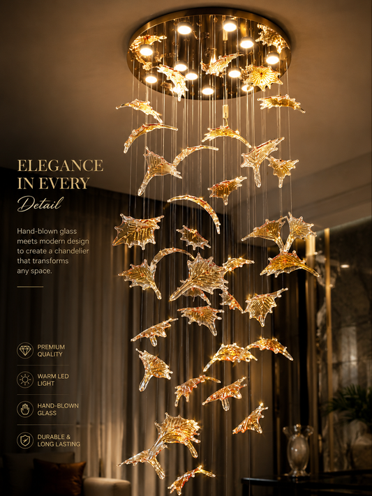 Luxury Hand-Blown Glass Leaf Chandelier – Modern LED Spiral Hanging Light for High Ceilings