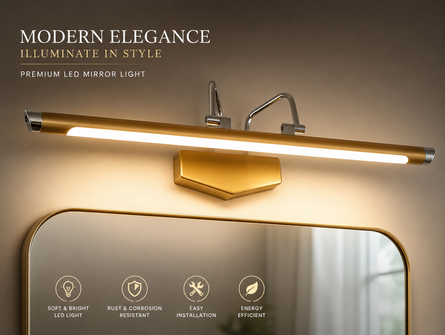 Luxury Gold LED Mirror Light – Modern Bathroom Vanity Wall Lamp | Warm White | Premium Aluminum Finish