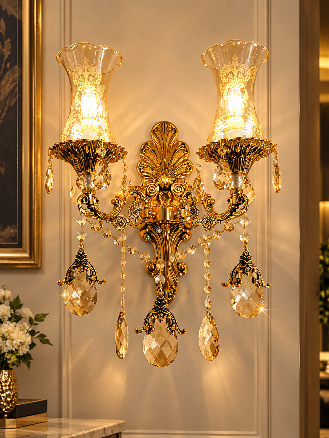 Regal Amber Crystal 2-Light Candle Wall Sconce | Luxury Antique Brass Wall Lamp