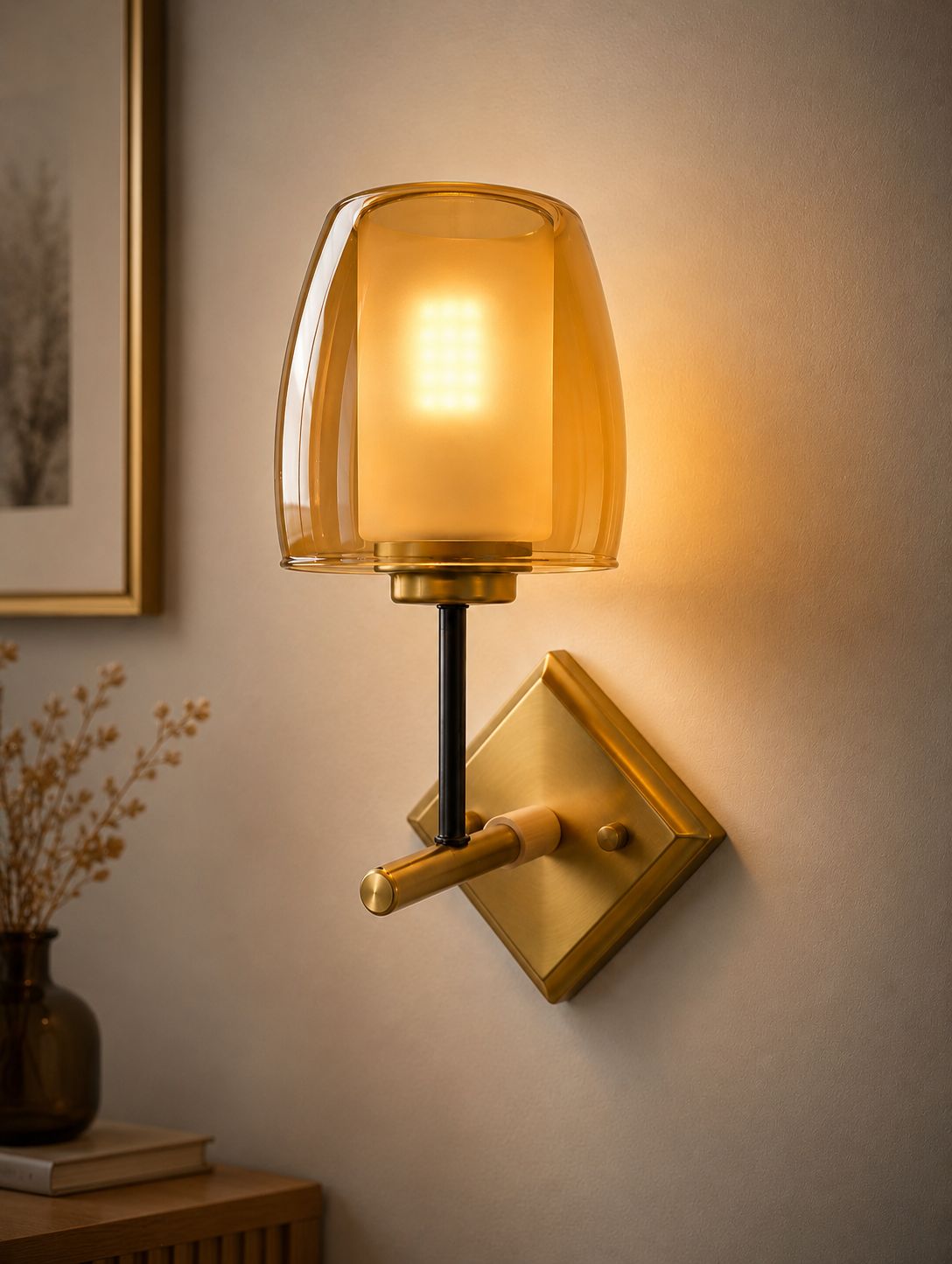 Amber Glass Modern Wall Sconce – Brushed Gold Luxury Wall Light