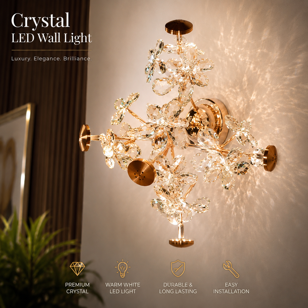 Radiant Bloom Crystal LED Wall Light - Premium Gold Finish