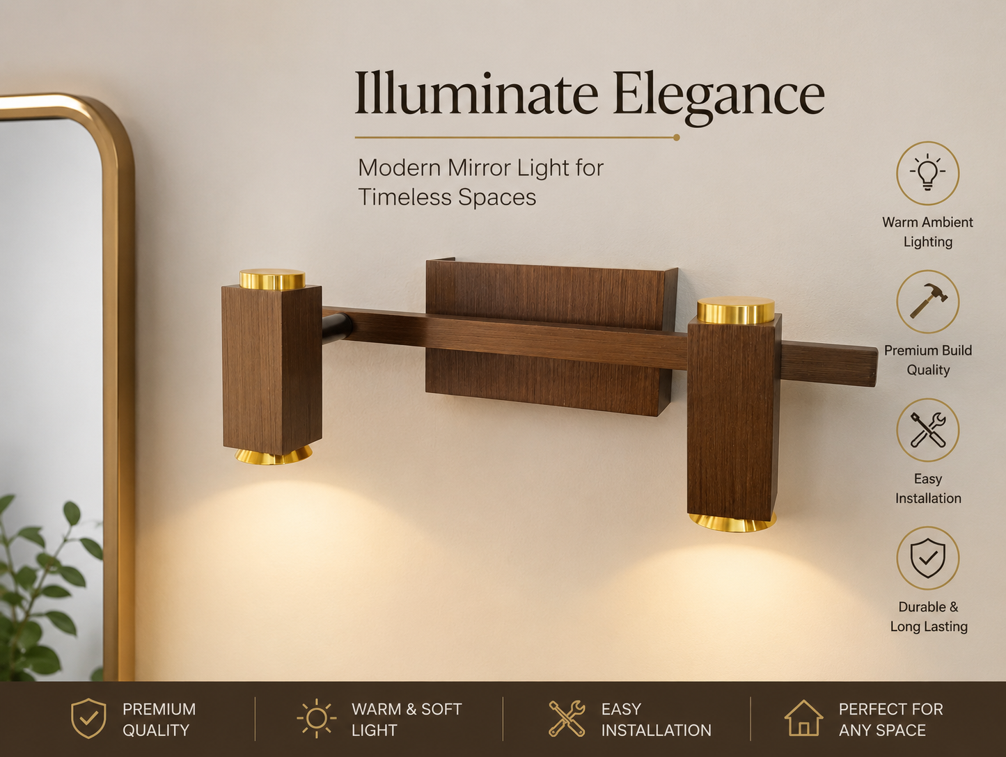 Luxury Wooden Gold LED Mirror Light