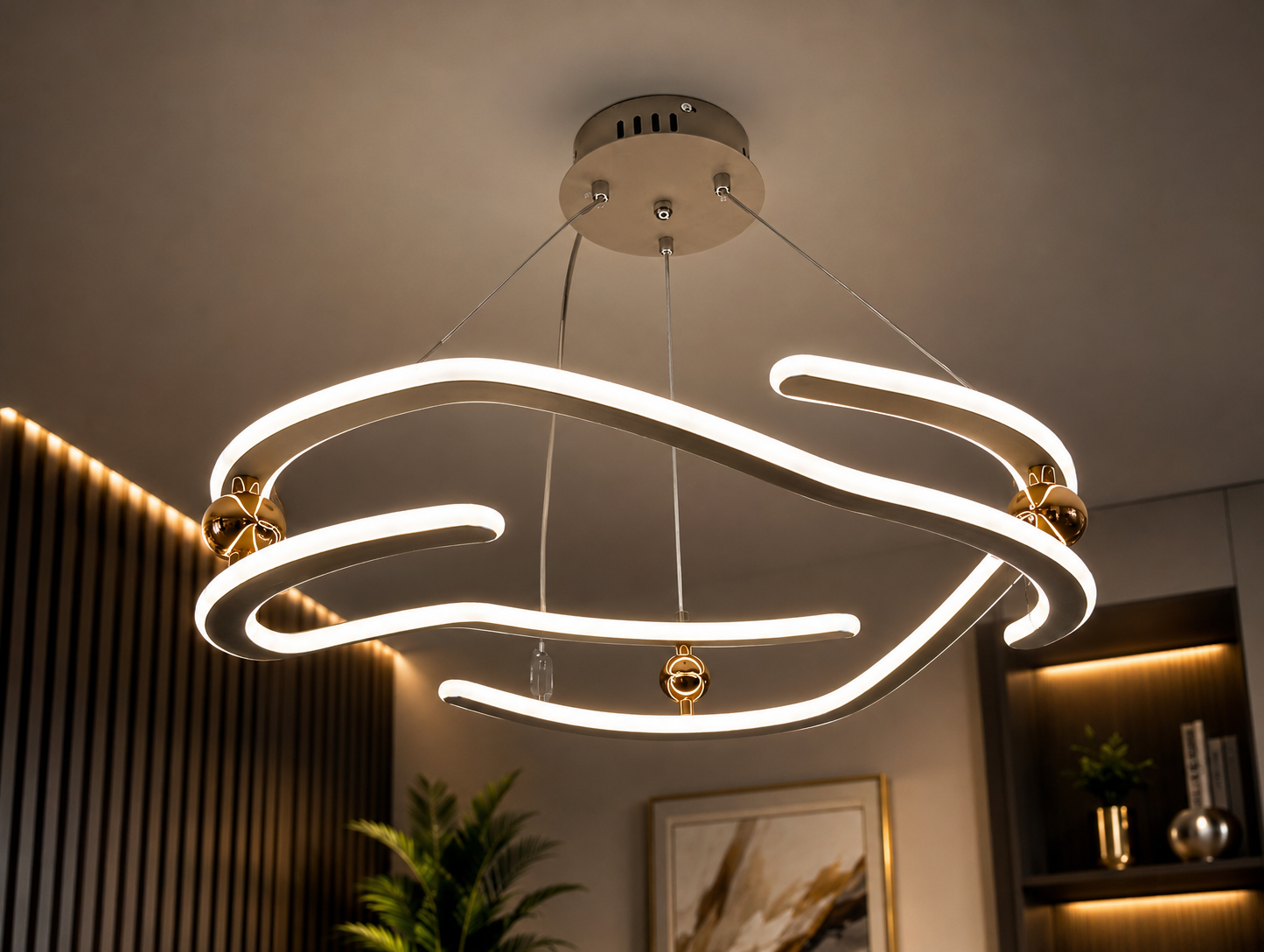 Modern Curved LED Ring Chandelier – Warm Gold & Brushed Chrome Accent Hanging Light