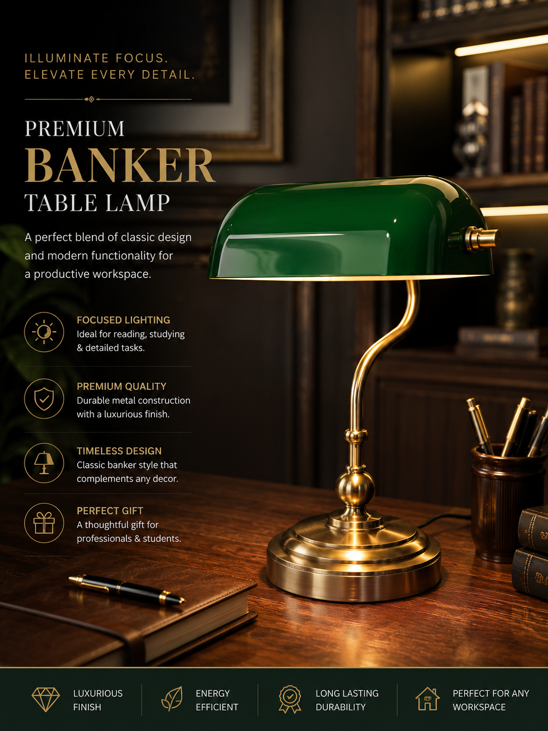 Premium Green Banker Table Lamp – Vintage Brass Finish Office & Study Desk Light