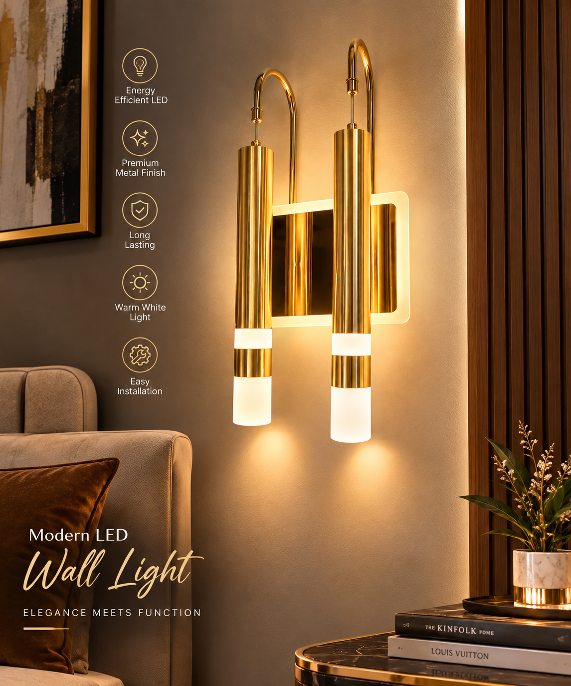 Modern Gold LED Wall Light – Luxury Double Tube Desi
