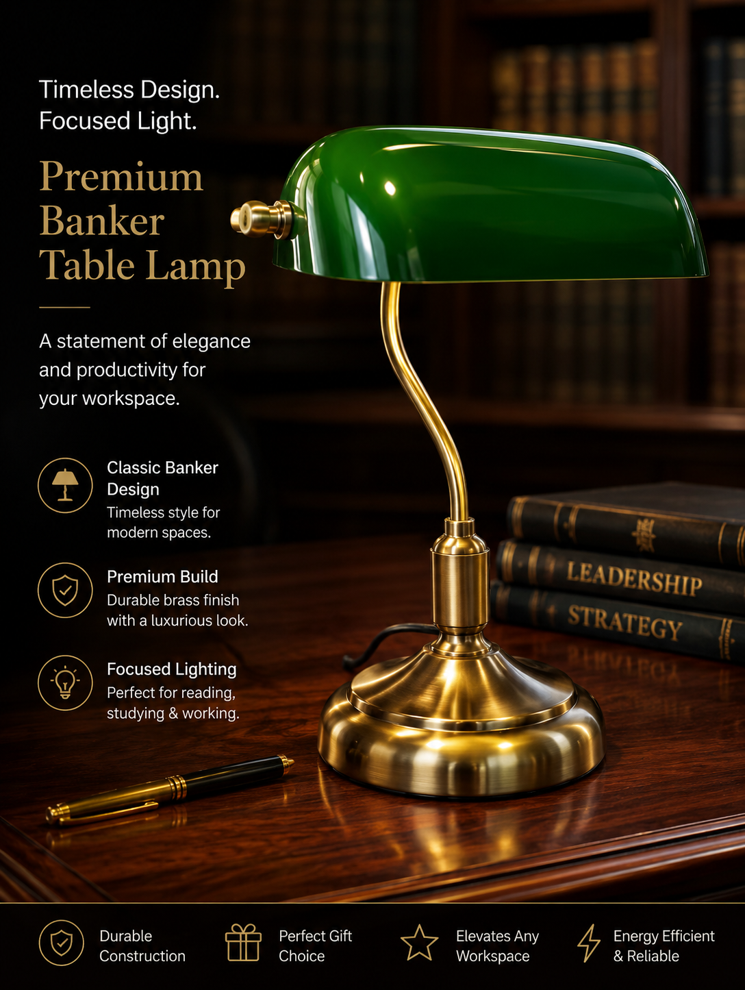 Premium Green Banker Table Lamp – Vintage Brass Finish Office & Study Desk Light