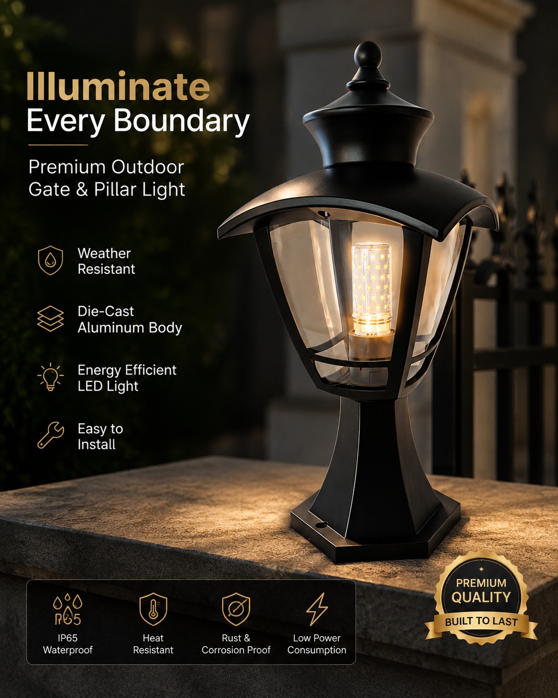 Premium Black Outdoor Gate & Pillar Light | Modern Boundary Wall Lantern