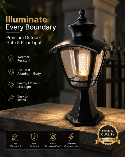 Premium Black Outdoor Gate & Pillar Light | Modern Boundary Wall Lantern