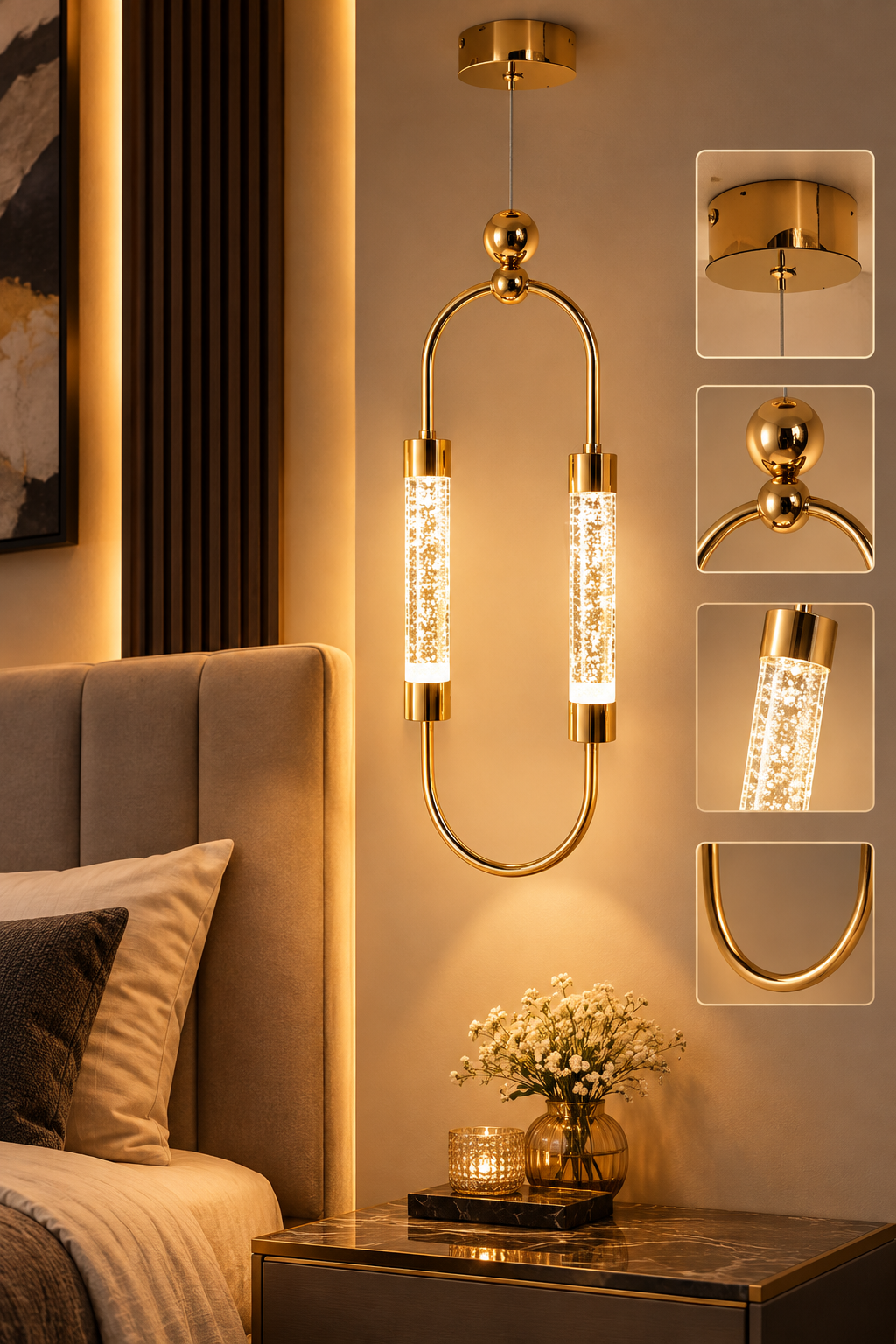 Luxury Golden Crystal LED Hanging Light – Modern Bedside Pendant Light