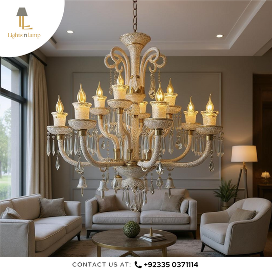 Luxurious chandelier in a living room setting with modern furniture.