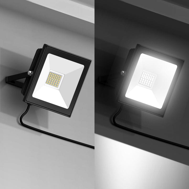 LED flood light on a gray background with and without light on.