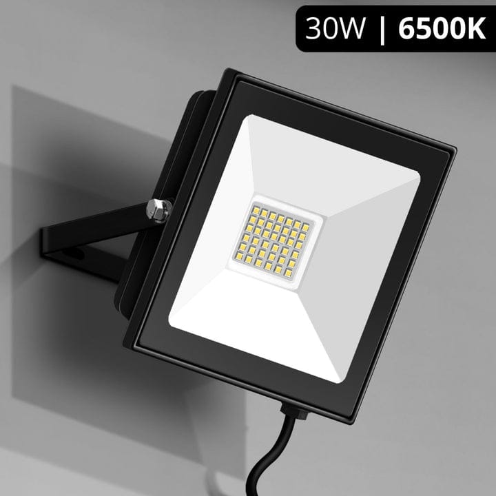 Black LED flood light with specifications on a gray background