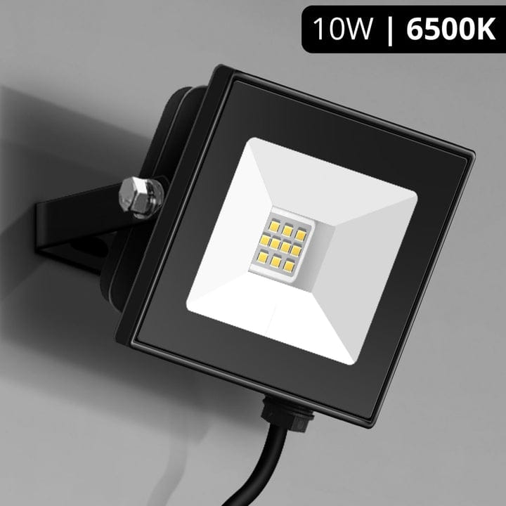 LED flood light with specifications on a gray background