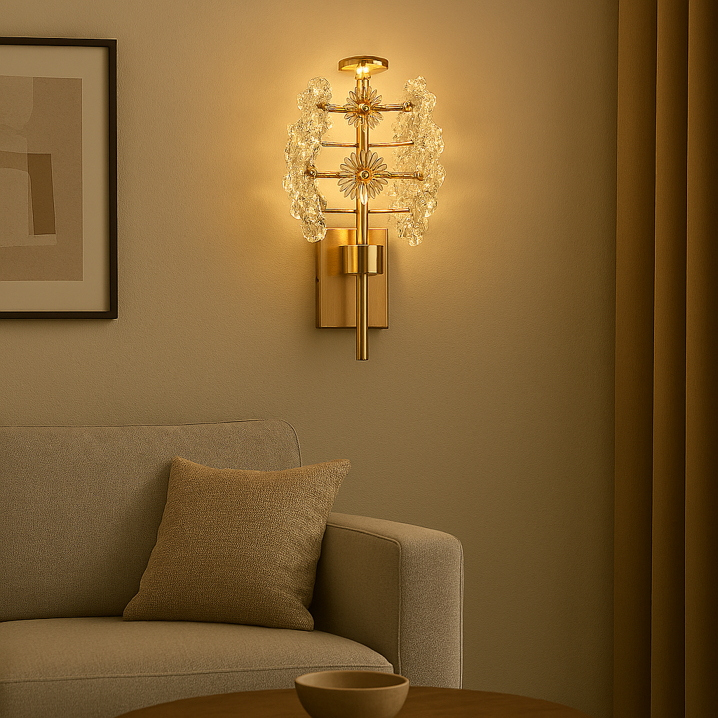 Decorative wall sconce with crystal accents above a sofa in a living room setting.