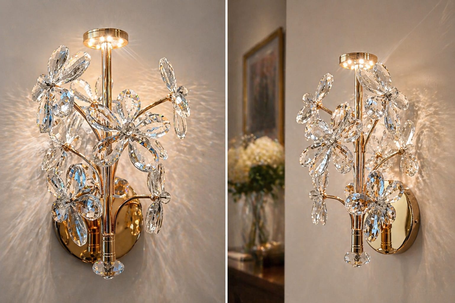 Decorative wall sconce with crystal accents on a neutral wall.