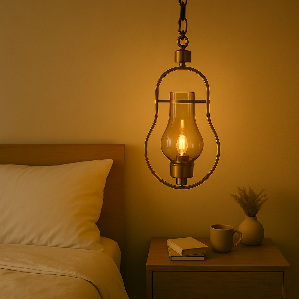 Cozy bedroom with a hanging lamp, bed, and nightstand.