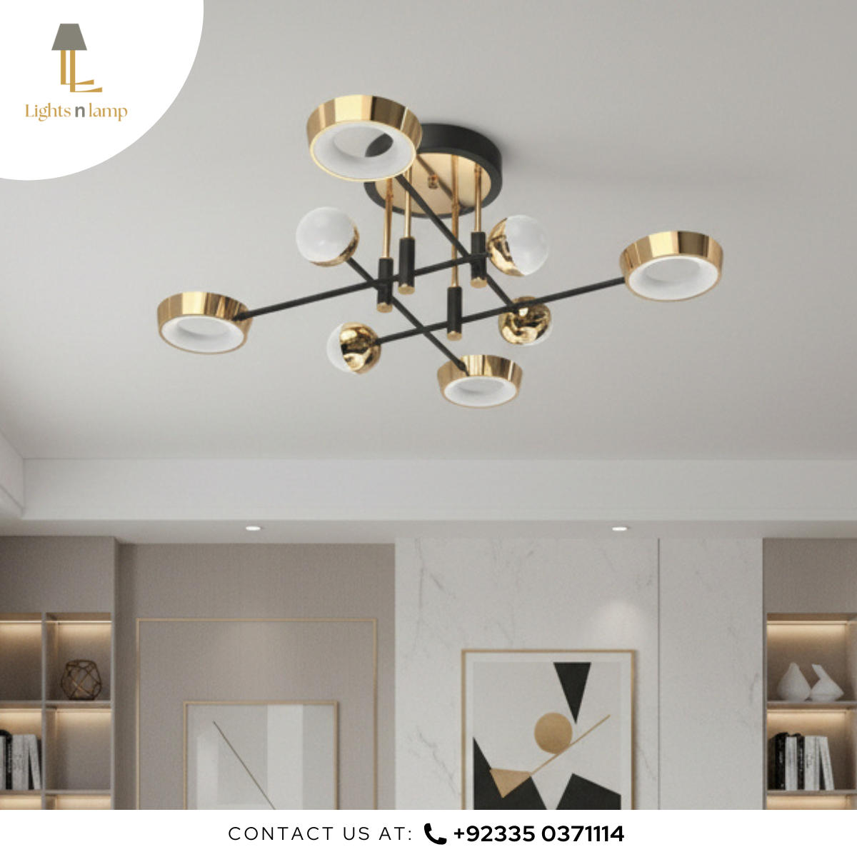 Modern chandelier with gold and black design in a room setting.