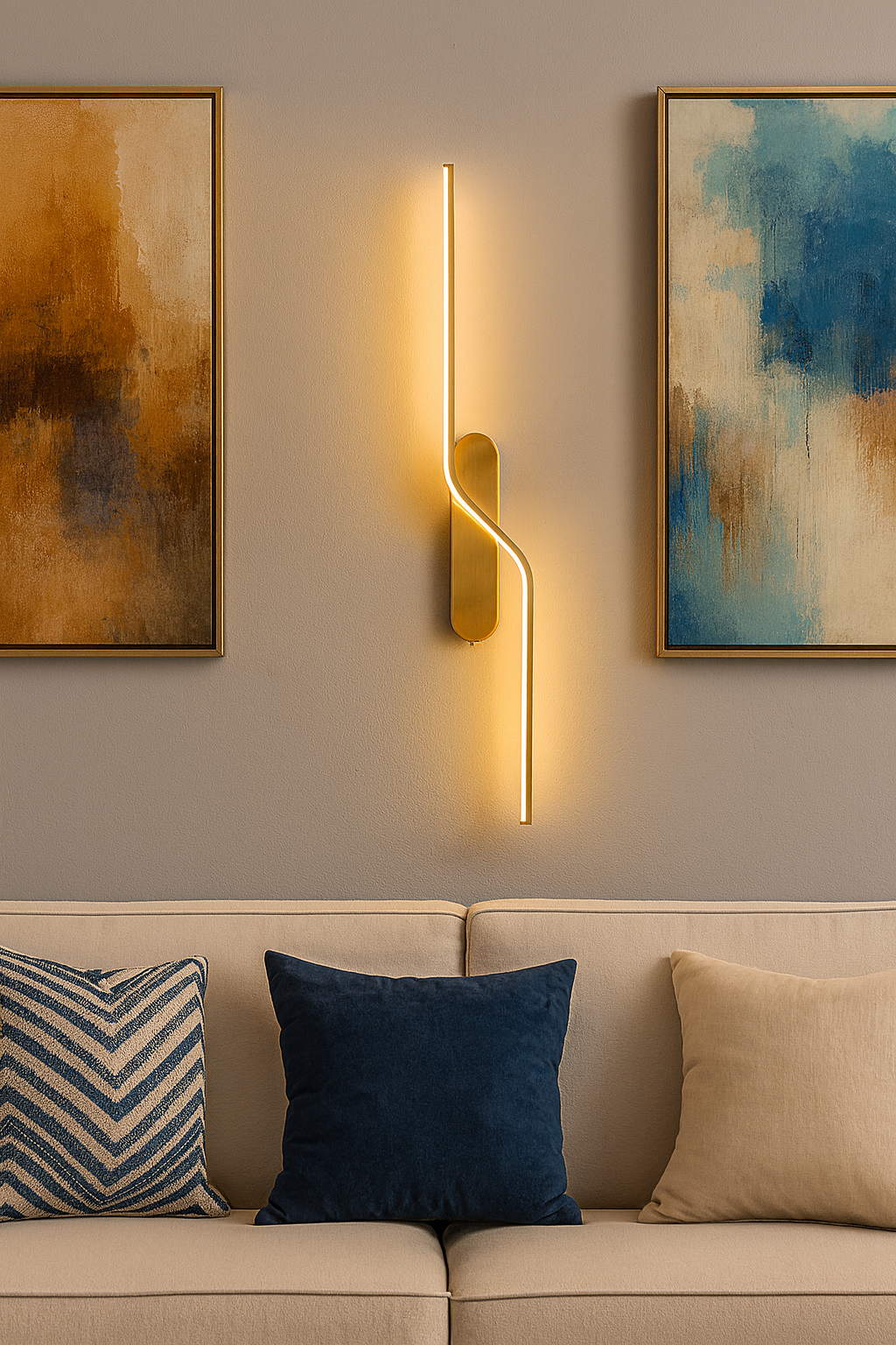 Modern wall sconce with abstract art on a wall above a sofa.