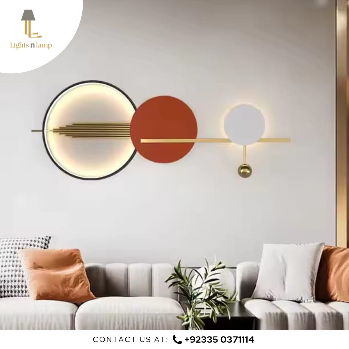 Modern wall light fixture with geometric design in a living room setting.