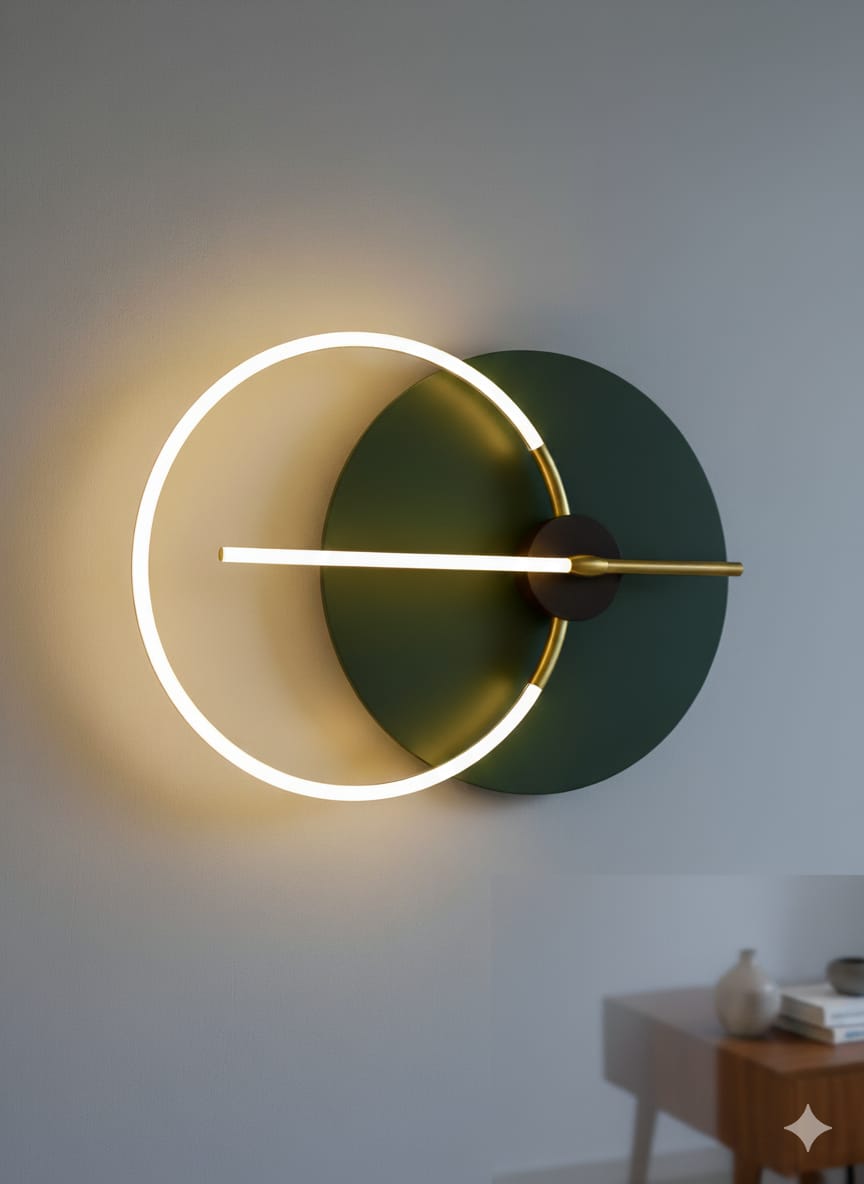 Modern wall clock with green and gold design on a gray wall