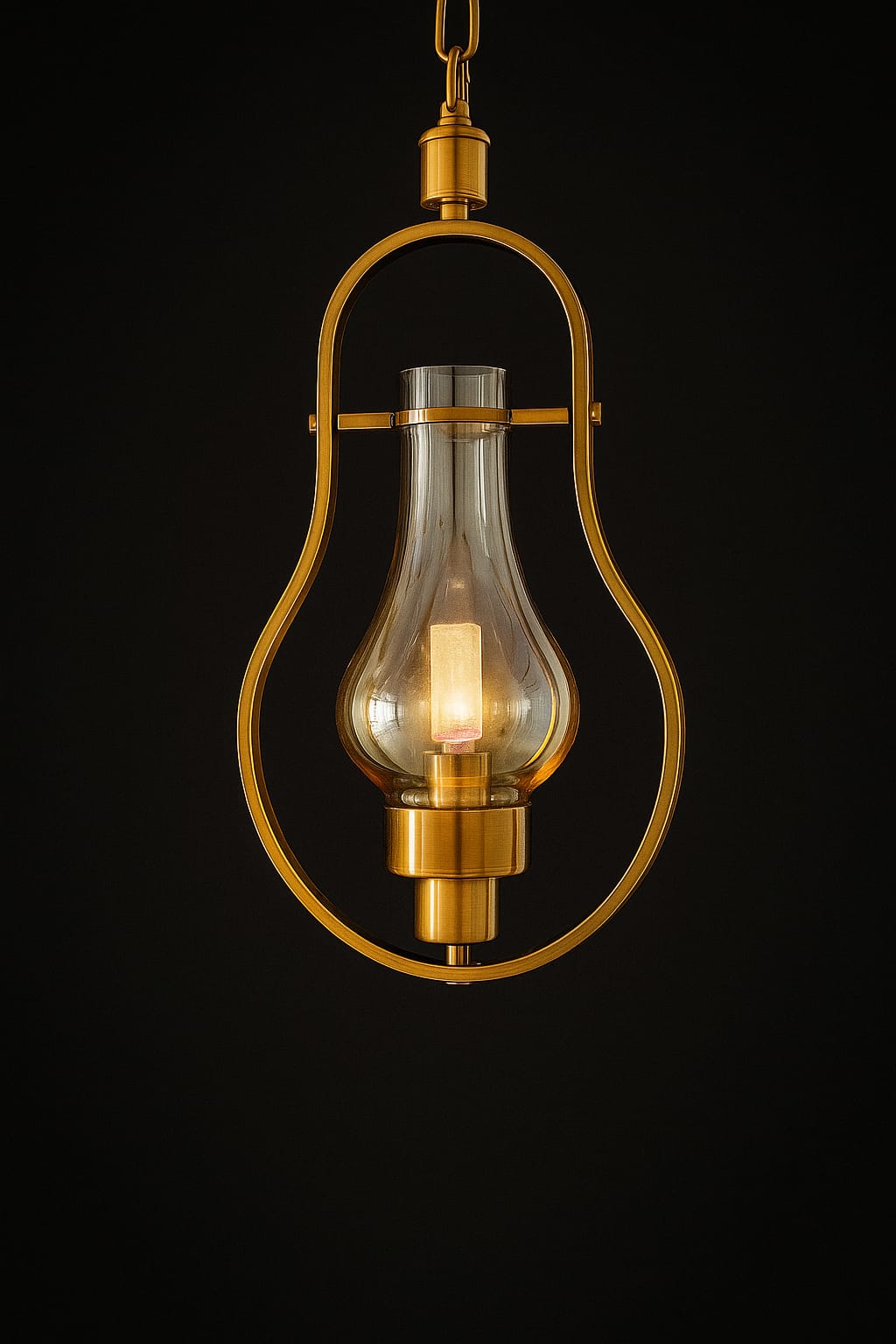 Decorative pendant light with a gold frame and clear glass bulb 
