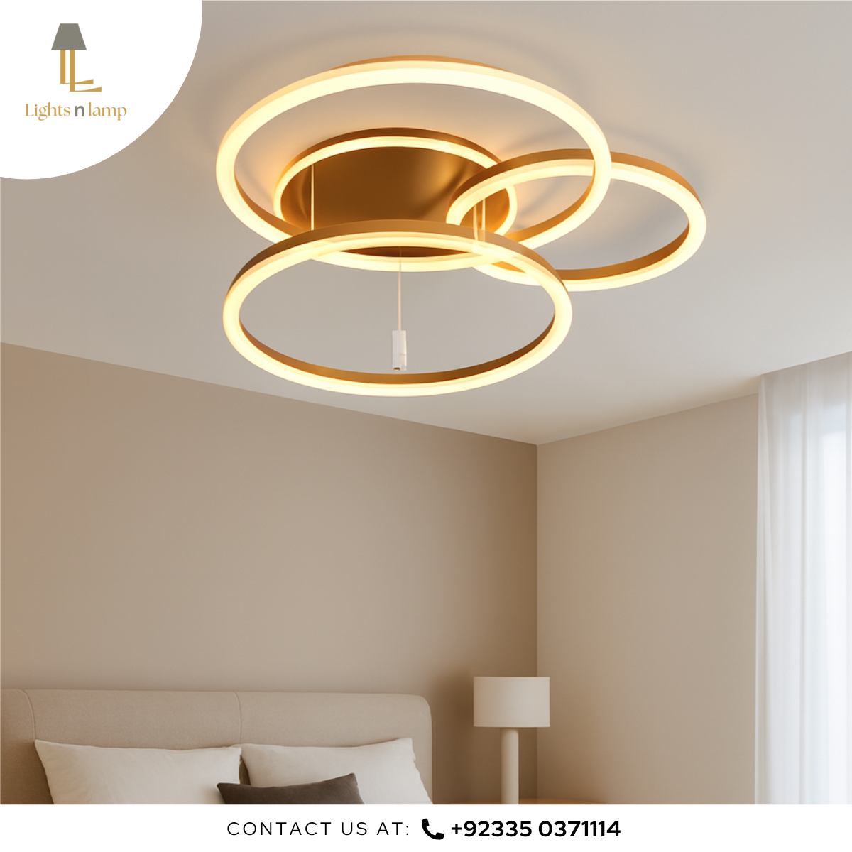 Modern wall lamp on a gray wall with 'Lights n Lamp' branding.