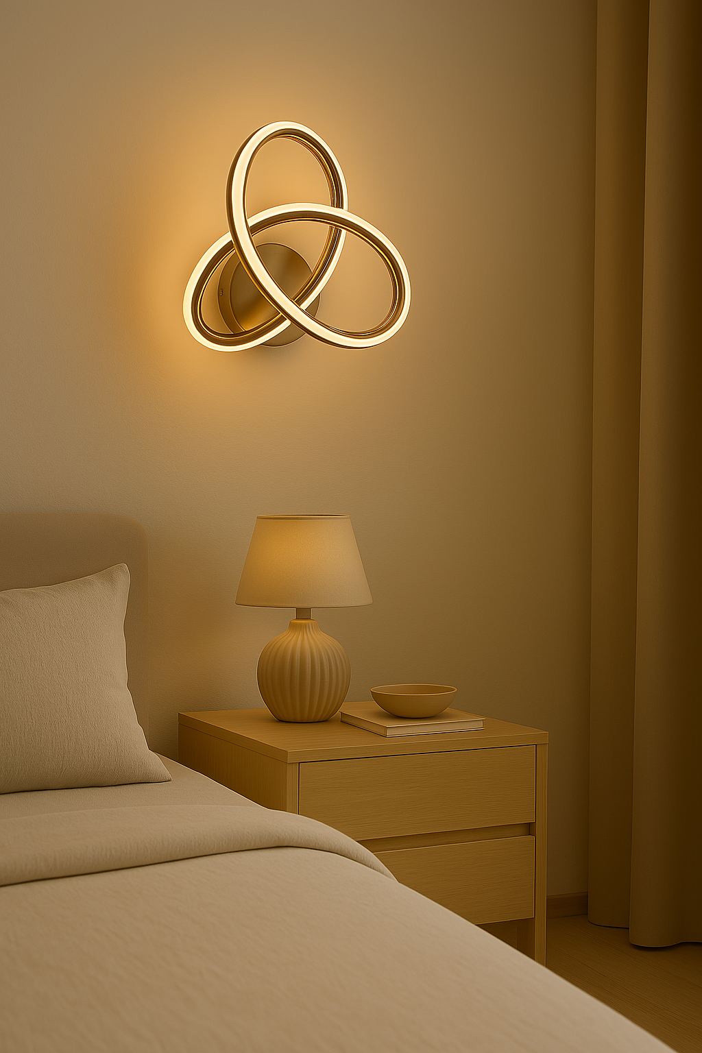 Modern wall sconce with three interlocking rings in a bedroom setting.