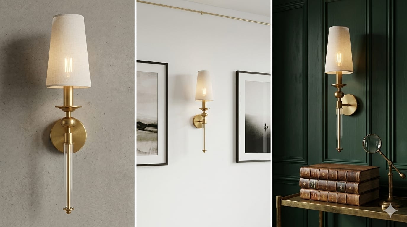 Wall sconces in various settings with a focus on interior design.