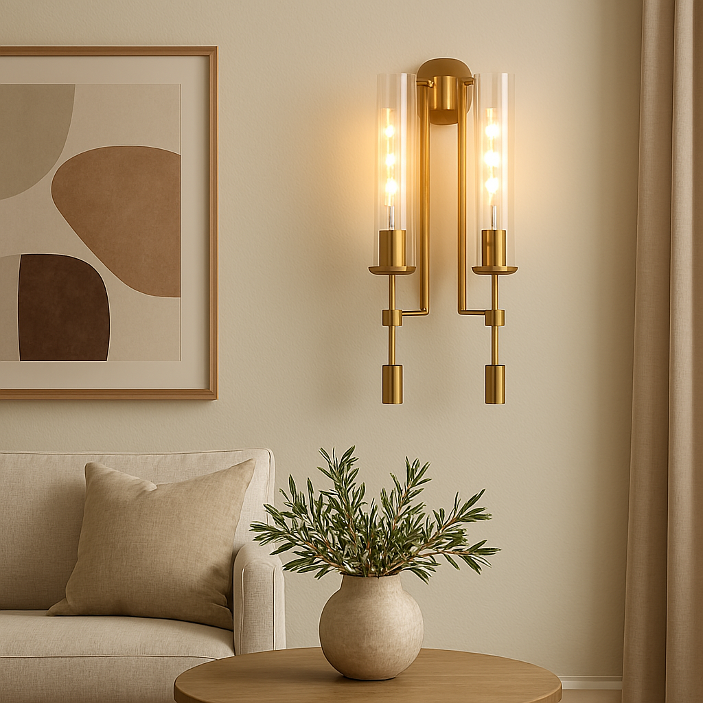 Living room with gold wall sconce, beige sofa, and abstract art on wall.
