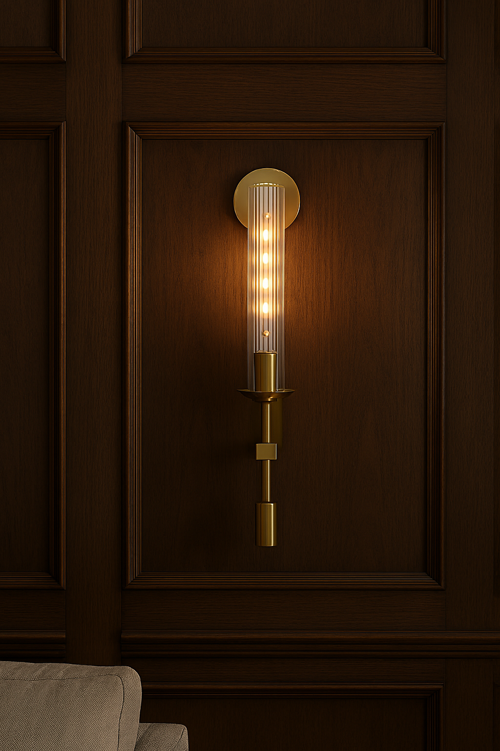 Wall-mounted light fixture on a wooden wall with a sofa in the foreground
