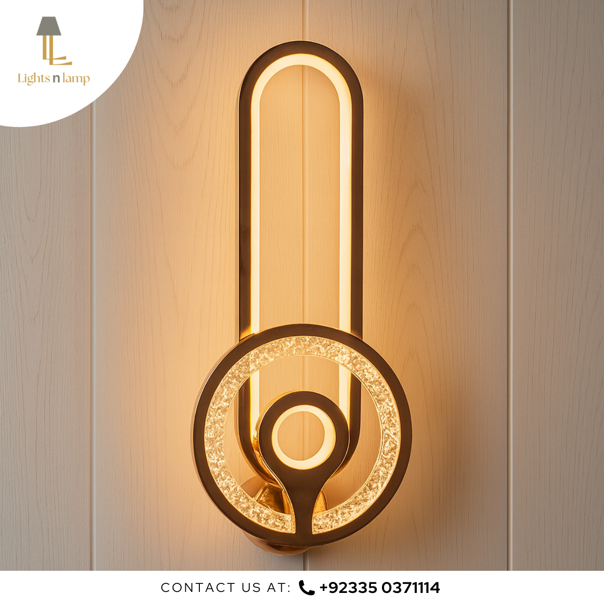 Modern wall-mounted light fixture on a wooden panel background