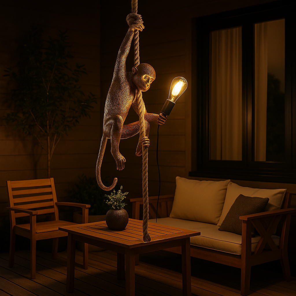 Decorative monkey lamp holding a light bulb in an outdoor setting with furniture and plants.