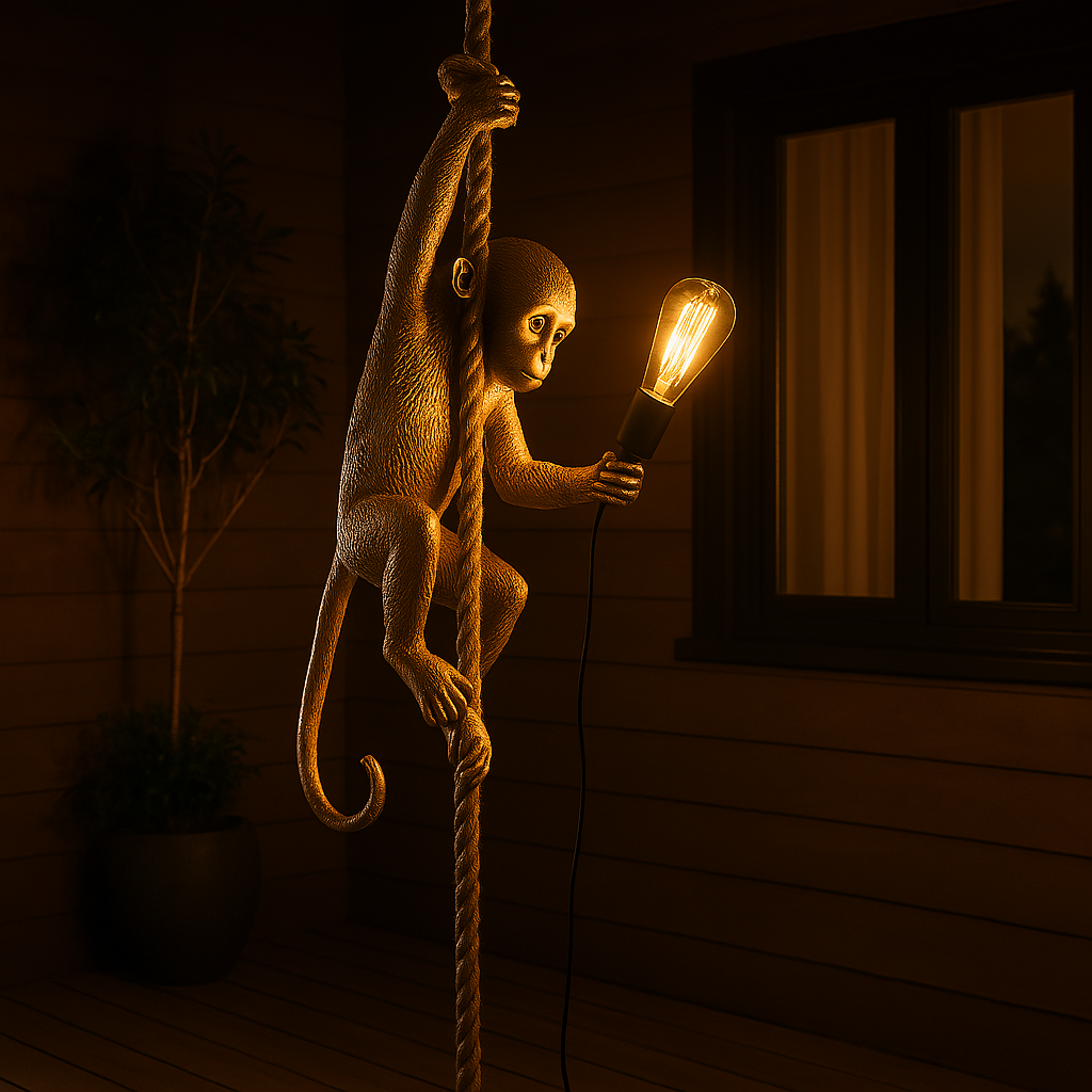 Decorative monkey lamp holding a light bulb against a dark background