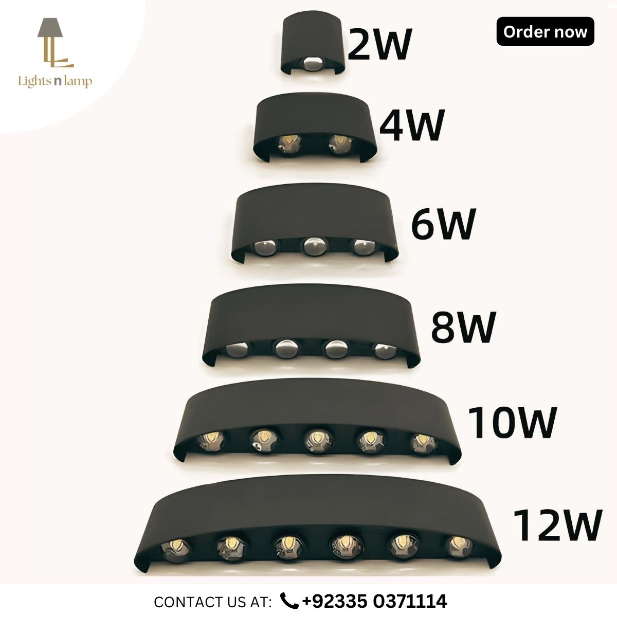 A range of modern black shade wall lamps with different wattage options, from 2W to 12W, displayed against a white background. Each lamp has a rectangular shape with a black finish and a die-casting aluminum design.