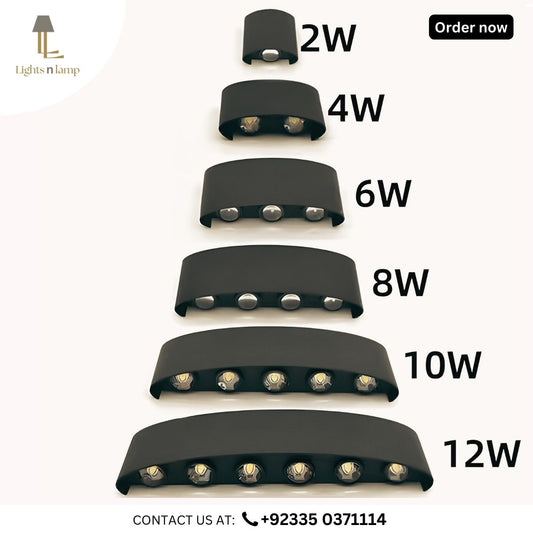 A range of modern black shade wall lamps with different wattage options, from 2W to 12W, displayed against a white background. Each lamp has a rectangular shape with a black finish and a die-casting aluminum design.