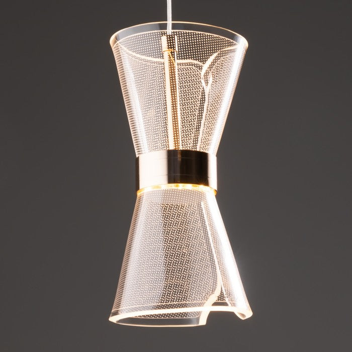 Modern pendant light with wire mesh design on a dark background