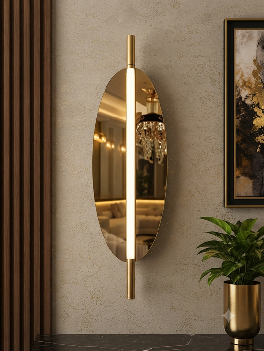 Modern Minimalist Oval Gold LED Wall Light with Integrated Vertical Ambient Tube & Mirror Finish