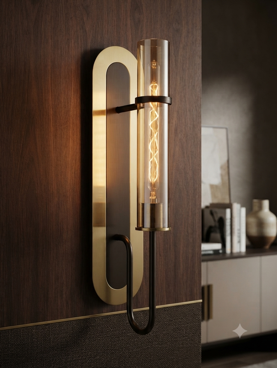 Modern Minimalist Brushed Brass & Matte Black Cylindrical Wall Sconce with Amber Glass Shade