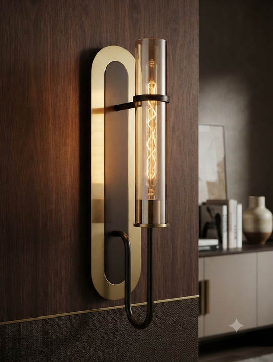 Modern Minimalist Brushed Brass & Matte Black Cylindrical Wall Sconce with Amber Glass Shade