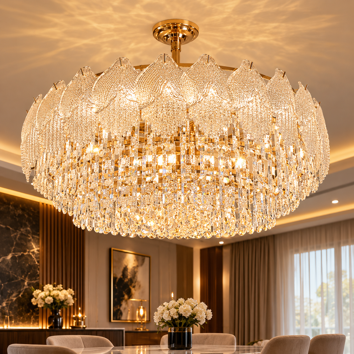 Luxurious Tiered Crystal & Gold Leaf Chandelier - Modern Glamour Lighting Fixture