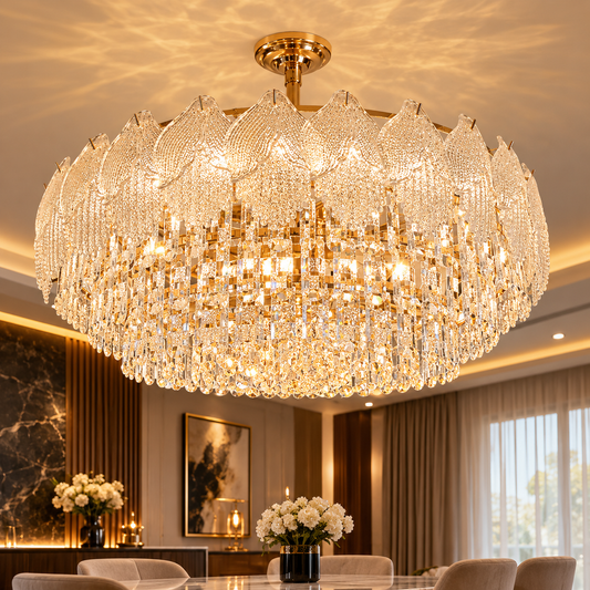 Luxurious Tiered Crystal & Gold Leaf Chandelier - Modern Glamour Lighting Fixture