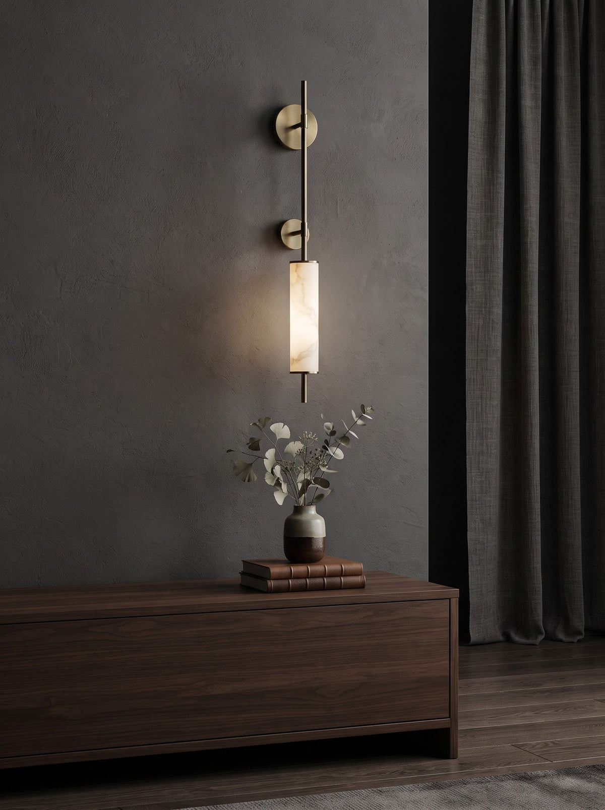 Modern Minimalist Alabaster & Brushed Brass Wall Light | Luxury Cylindrical Sconce for Living Room & Bedroom