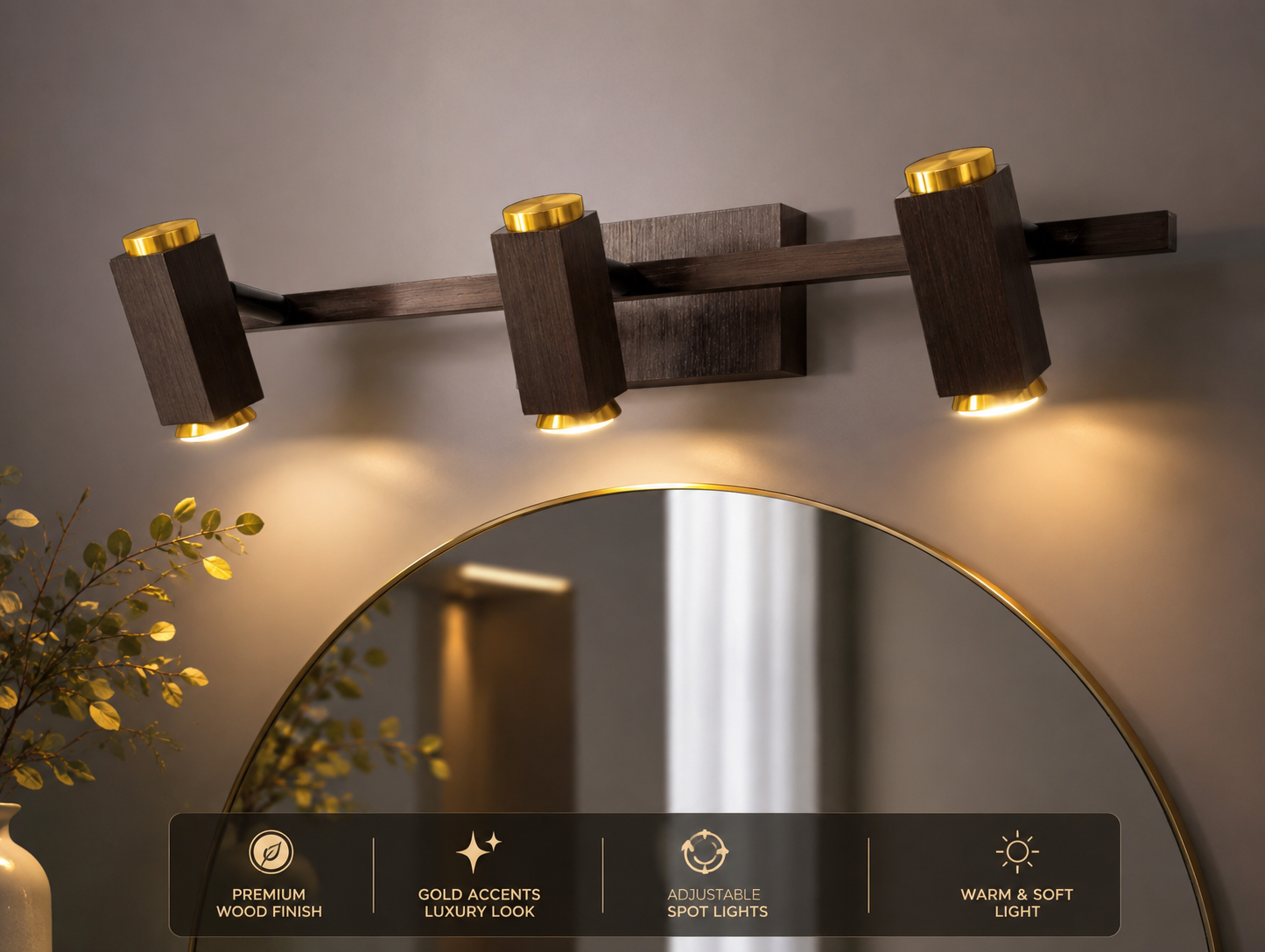 Modern Wooden & Brass Vanity Mirror Light Collection