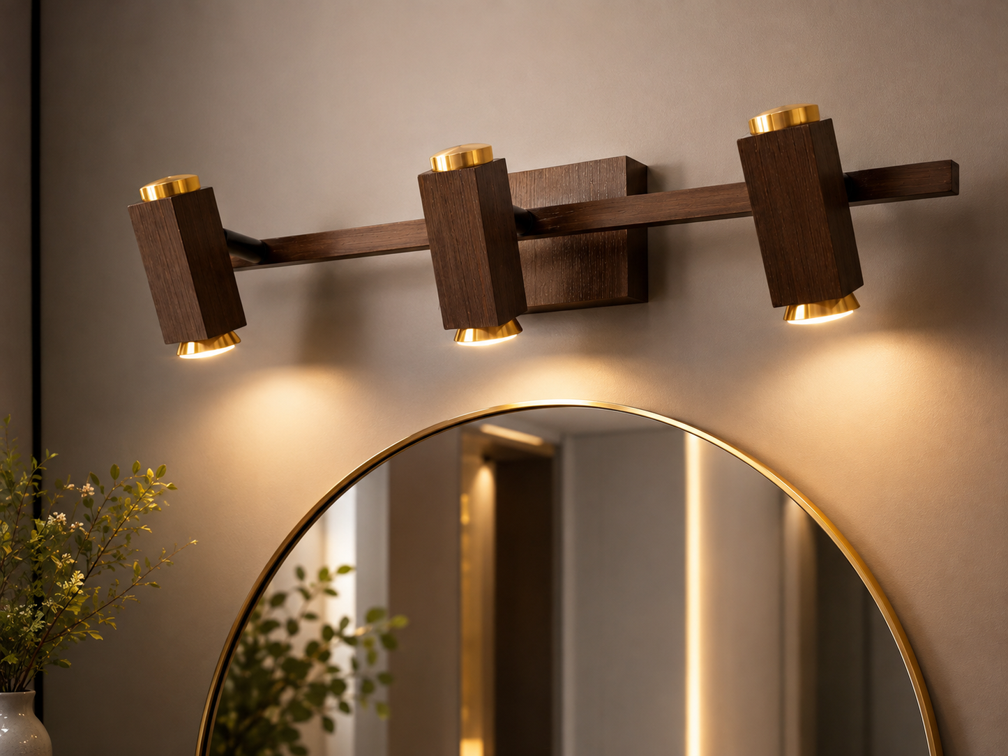 Modern Wooden & Brass Vanity Mirror Light Collection