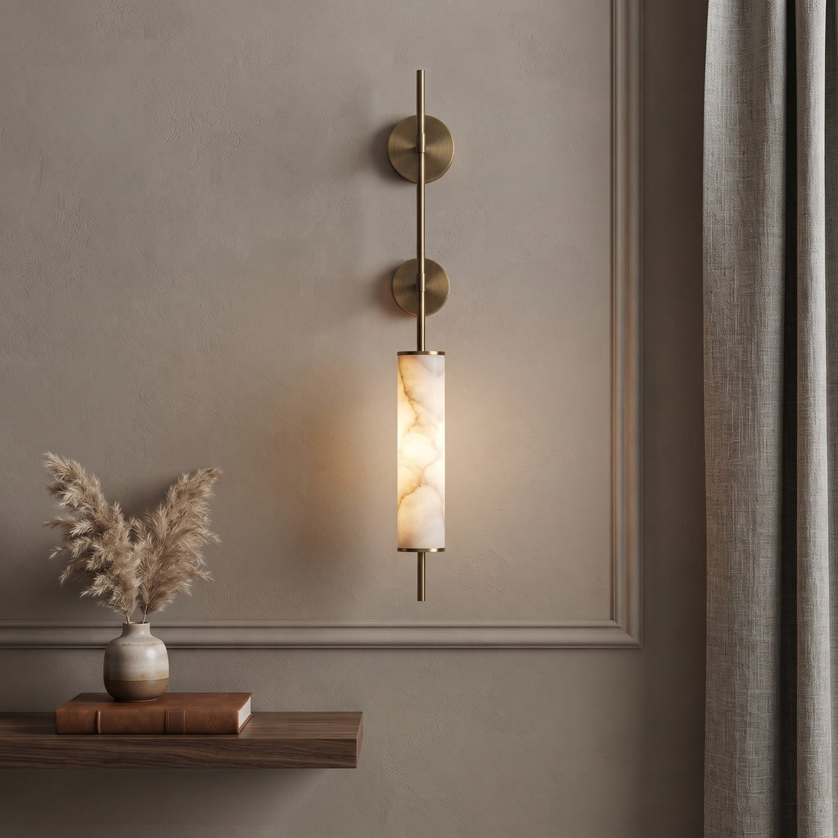 Modern Minimalist Alabaster & Brushed Brass Wall Light | Luxury Cylindrical Sconce for Living Room & Bedroom