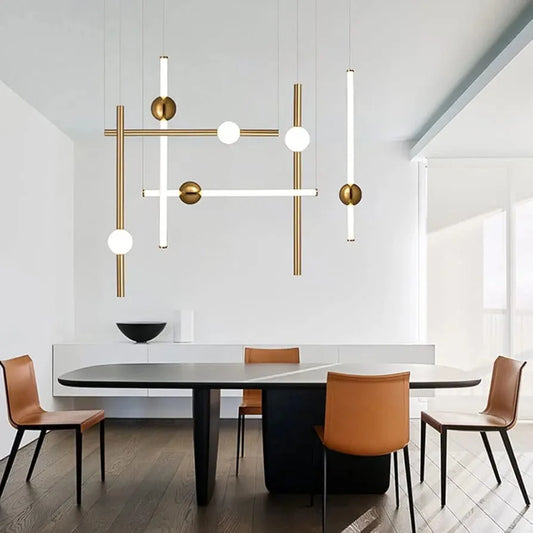 Modern Minimalist 6-Stick LED Chandelier – Gold Geometric Linear Pendant Light with Globe Accents for Dining Rooms & Living Spaces