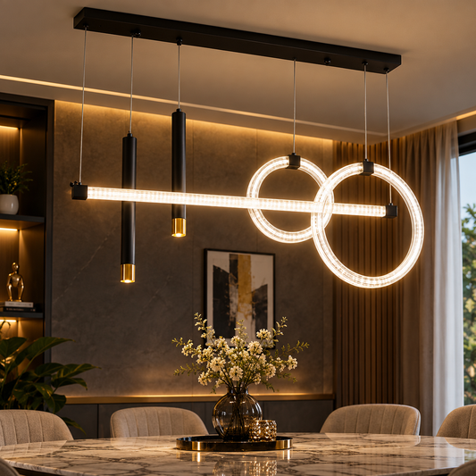 Modern LED Hanging Light with Illuminated Rings – Black & Gold Luxury Pendant Chandelier