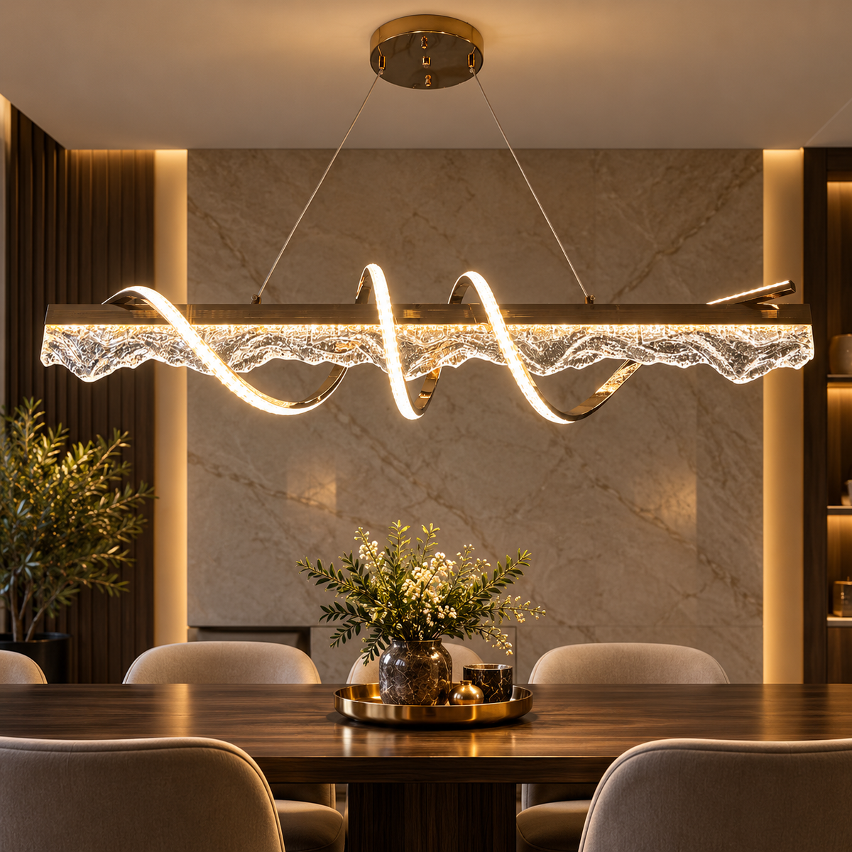 Luxury Wave Crystal LED Hanging Light – Modern Golden Pendant Chandelier