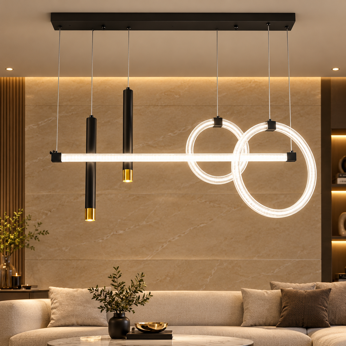 Modern LED Hanging Light with Illuminated Rings – Black & Gold Luxury Pendant Chandelier